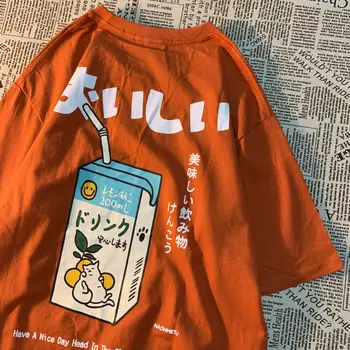 Medvilnės Hip-Hop Marškinėlius Moterims Japonų Kanji Laišką Gerti Print T Shirt Negabaritinių Streetwear Harajuku Vasaros Nauja Paauglių Laisvalaikio Viršūnės