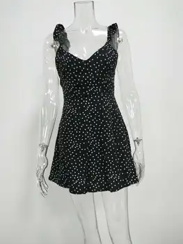 Dot Spausdinti Camis Šifono Flowy Mini Suknelė Moterims Vasaros Paplūdimio Suknelės Off Peties Backless Sūpynės Aukštos Juosmens-line Suknelė