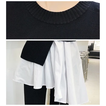 Korėjos kratinys megztinis suknelė ilgomis rankovėmis megztinis netikrą dviejų dalių suknelės nereguliarus hem kontrastas juoda balta mini megzti suknelę