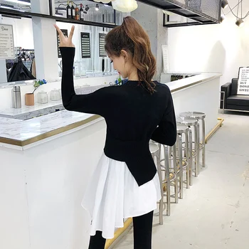 Korėjos kratinys megztinis suknelė ilgomis rankovėmis megztinis netikrą dviejų dalių suknelės nereguliarus hem kontrastas juoda balta mini megzti suknelę