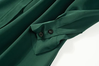 Moterų Mulberry Šilkas ilgomis Rankovėmis Ilgi Marškinėliai-Suknelė žalios spalvos, su diržu JN042