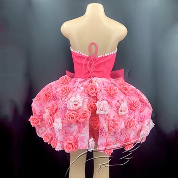 Pink Rose Suknelė Moterims Bownot Gimtadienio Apranga Stebėjimo Burbulas Trumpą Suknelę, Promenadzie Šalies Cosplay Gogo DJ Scenos Kostiumų VDB3343