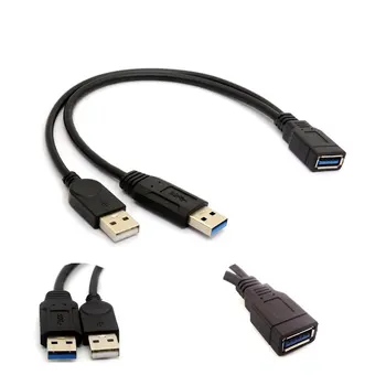 0.3 MUSB 3.0 Moterų Dual USB Male Extra Power Duomenų Y Pratęsimo Splitter Kabelis Sinchronizavimo USB 3.0 