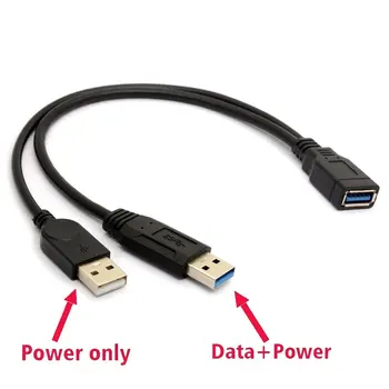 0.3 MUSB 3.0 Moterų Dual USB Male Extra Power Duomenų Y Pratęsimo Splitter Kabelis Sinchronizavimo USB 3.0 