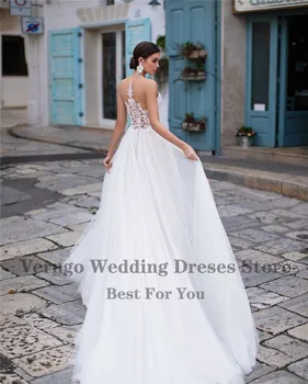 Verngo 2021 Elegantiška Linija Nėrinių Aplikacijos Vestuvių Suknelė Vien O Kaklo Bžūp Rankovėmis Tiulio Mygtukus Atgal Valyti Traukinio Vestuvinės Suknelės