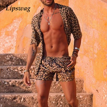 2021 Vasaros Paplūdimio Mados Leopard Print Dviejų Dalių Rinkiniai Vyrams Trumpomis Rankovėmis Marškiniai Ir Raišteliu Kelnės, Kostiumai Atsitiktinis Vyrų Apranga