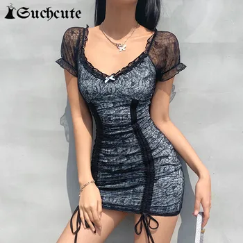 SUCHCUTE Gotikos Ruched Raišteliu Mini Suknelė Moterims Streetwear y2k Estetinės Nėrinių Kratinys Suknelės 2021 Gotikos Vasaros Suknelė
