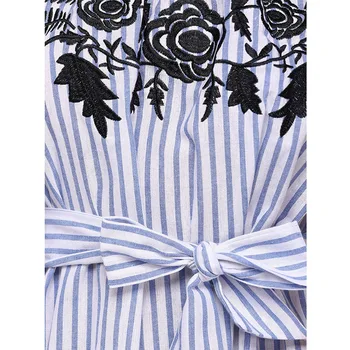 Atsitiktinis Mėlyna Dryžuotas marškinėliai vasaros Suknelė Moterims nuo Peties Gėlių Siuvinėjimas Seksualus Paplūdimio Midi Suknelė Sundress