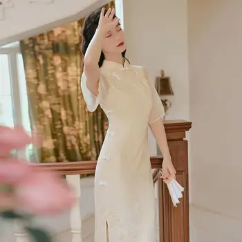 Kinų Stiliaus Cheongsam Gėlių Suknelė Moterims, Elegantiškas Qipao Suknelė Moterims Derliaus Cheongsam One-piece Suknelė Akių Pasakos Nėriniai