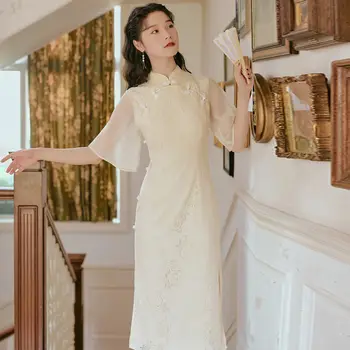Kinų Stiliaus Cheongsam Gėlių Suknelė Moterims, Elegantiškas Qipao Suknelė Moterims Derliaus Cheongsam One-piece Suknelė Akių Pasakos Nėriniai