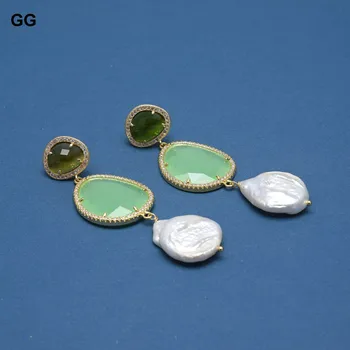 GG Papuošalai Gamtos Dirbtiniu būdu išauginti perlai White Keshi Perlų Green Crystal Stud Cz Nutiesti Kablys Tabaluoti Auskarai Moterims