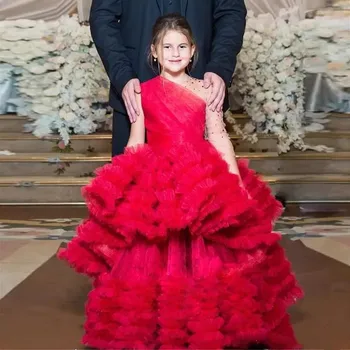 Custom Gėlių Mergaitės Suknelė Raudona Puffy Debesis Tiulio Princesė Birthday Party Dress Vaikams Kalėdų Dress Inscenizacija Suknelė Fotografijos Rekvizitai