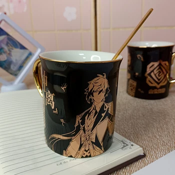 Anime Cartoon Keramikos Kavos Puodelio Unisex Genshin Poveikio Žaidimas Zhong Li Įdegio Įdegio Puodelis Puodelis Su dangteliu ir Šaukštu Office Taurė