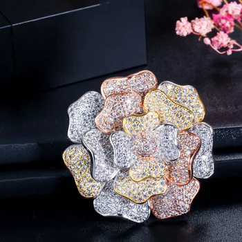 Peros Prabangos 3 Tonas Aukso Big 3D Gėlių Formos Sagės Pin Reikmenys Nigerijos Dubajaus Moterų Kubinis Cirkonis Asfaltuotas Papuošalai C007