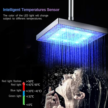8 colių, 3 Spalvų LED Lietaus Dušas Vadovai Vonios kambarys Aikštėje Spalvos Besikeičiančios Temperatūros Jutiklis Maudymosi Purkštuvas Showerhead