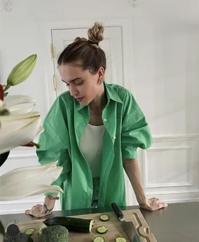 Dizaineris žalioji marškinėliai moterims lnfluencer negabaritinių medvilnės Mygtuką, rožinė, violetinė ilgomis rankovėmis prarasti palaidinė 2021 m. rudenį naujų kokybės