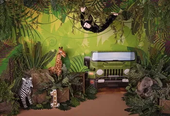 Fotografijos Fonas 1-ojo Gimtadienio Džiunglės Safari Laukinių Gyvūnų Nuotraukų Foną, Baby Shower Pyragas Papuošalai Sutriuškinti PropW5220
