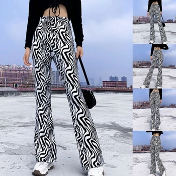 Moterų Aukšto Juosmens Flare Kelnės Derliaus Zebras Dryžuotas Gyvūnų Modelio Plataus Bell Bottom Kelnės Harajuku Slim Fit Streetwear