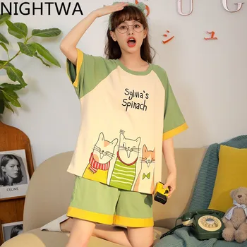 NIGHTWA Vasarą Cartoon CottonPajamas Nustatyti Moterų Pižamos Moterims Sleepwear Naktį kostiumai Pijama Mujer Namų Drabužiai Moterims naktiniai drabužiai
