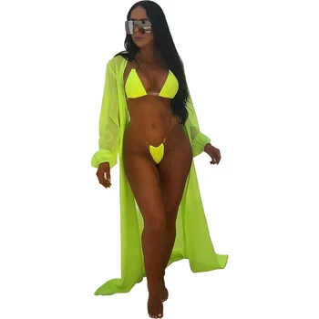 Mados Moterų maudymosi kostiumėlį Nustatyti Paplūdimio Nustatyti 2020 m. Vasarą vientisos Spalvos Seksualus Dviejų dalių Bikini + ilgomis Rankovėmis Palaidinė Trijų dalių maudymosi kostiumėlį Rinkinys