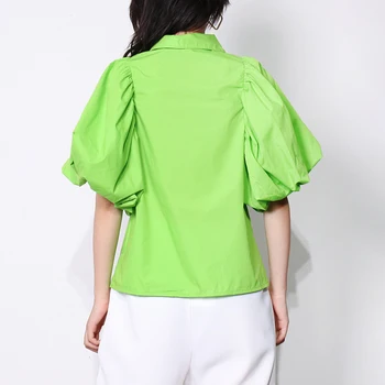 TWOTWINSTYLE Žalia Atsitiktinis Kratinys Diamond Marškinėliai Moterims Atvartas, Trumpas Sluoksniuotos Rankovėmis Slim Palaidinės Moterų 2021 M. Vasaros Mados Nauja