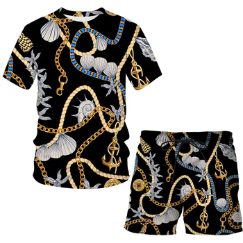Vasaros Geležinės grandinės 3D Prabanga trumparankoviai Kostiumas Vyras / Moteris, Drabužius, T-marškinėliai + šortai 2 dalių kostiumą Streetwear Vyrų drabužiai.