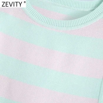 Zevity 2021 Naujas Moterų Mados Dryžuotas Spausdinti Trumpas Mezgimo Megztinis Moteriška Elegancija O Kaklo, Rankovių Slim Vest Puloveriai Viršūnes SW816