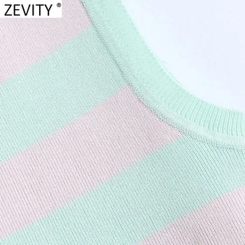 Zevity 2021 Naujas Moterų Mados Dryžuotas Spausdinti Trumpas Mezgimo Megztinis Moteriška Elegancija O Kaklo, Rankovių Slim Vest Puloveriai Viršūnes SW816