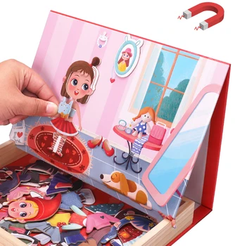 Vaikai Medinis Žaislas Švietimo Multi-funkcinis Magnetinio dvipusė Dėlionė Animacinių filmų Mergaitė puošniai Apsirengti Puzzle White Valdybos Žaislas