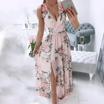 2021 Elegantiškas Gėlių Spausdinti Ilgą Šifono Suknelė Moterims Vasaros Seksualus Giliai V-kaklo Padalinta Šalis Lady Suknelė be Rankovių Maxi Paplūdimio Suknelės