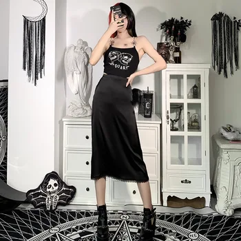 AltGirl Harajuku Gothic Punk Sijonas Moterims Streetwear Pastelinių Emo Goth Alt Nėrinių Apdaila Aukšto Liemens Sijonas Y2k Tamsiai Akademinės Bendruomenės Satino Sijonas