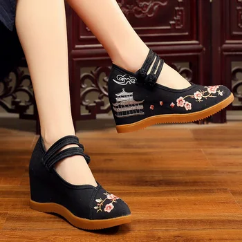 Pavasarį ir vasarą etninės stiliaus, siuvinėtų nuolydis-obcasie moterų aukšto obcasie batų 425