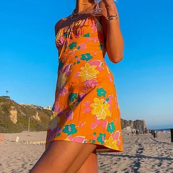 Vasarą Moterys Gėlių Spausdinti Paplūdimio Suknelė Spageti Dirželis Žemų Dažnių Nėrinių Tvarstis Mini Slim Suknelės Seksuali Moteris Vestidos 2021 Naujas