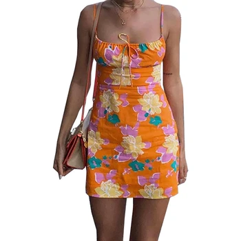 Vasarą Moterys Gėlių Spausdinti Paplūdimio Suknelė Spageti Dirželis Žemų Dažnių Nėrinių Tvarstis Mini Slim Suknelės Seksuali Moteris Vestidos 2021 Naujas