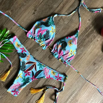 Fitshinling Vasaros Paplūdimio Moterų maudymosi kostiumėlį, maudymosi Kostiumėliai, 2021 Strappy Spausdinti Gėlių Bikini Rinkiniai Pakraštyje Slim Sexy Push Up Boho Biquini