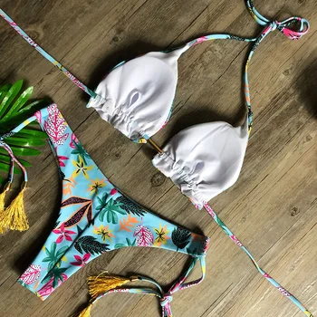 Fitshinling Vasaros Paplūdimio Moterų maudymosi kostiumėlį, maudymosi Kostiumėliai, 2021 Strappy Spausdinti Gėlių Bikini Rinkiniai Pakraštyje Slim Sexy Push Up Boho Biquini