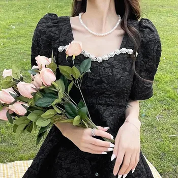 Koranas Stiliaus Juoda Vintage Suknelės Moterims trumpomis Rankovėmis Atsitiktinis Mini Suknelės Ponios Elegantiškas Gėlių Dizaino Nėrinių iki 2021 m. Vasarą Y2K