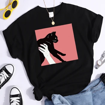 Moteris Negabaritinių T shirts Juoda Katė Spausdinti Anime Harajuku Vasaros Trumpas Rankovės marškinėliai, 2021 Moterų Naujos Mados Kawaii Atsitiktinis Viršų