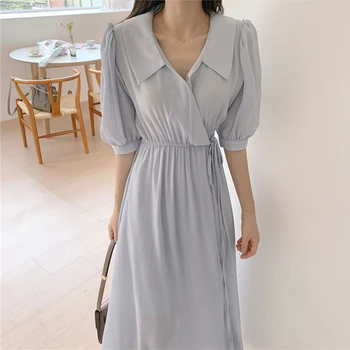 2021 Naujas Moterų Vasaros Marškinėliai, Suknelės Madingas, Elegantiškas Nėrinių Derliaus korėjos Stiliaus Negabaritinių Sluoksniuotos Rankovėmis Ilga Mėlyna Suknelė DR2179