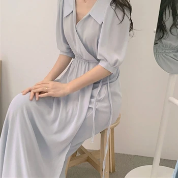 2021 Naujas Moterų Vasaros Marškinėliai, Suknelės Madingas, Elegantiškas Nėrinių Derliaus korėjos Stiliaus Negabaritinių Sluoksniuotos Rankovėmis Ilga Mėlyna Suknelė DR2179