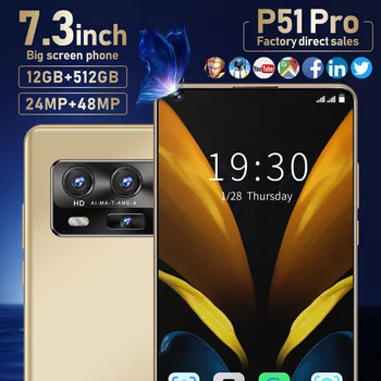 Mobiliojo ryšio Telefonas P51 Pro 7.3 Colių Pasaulio Versija Andriod 12 GB RAM 512 GB ROM 10 Core MTK6889 Dual SIM 4G LTE Išmaniųjų Telefonų 5G