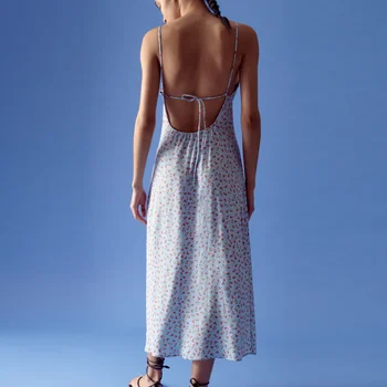 ZA 2021 m. Vasarą Moterys Camis Suknelė Elegantiškas Ilgas Backless-Line Seksualus Lankas Suknelės Gėlių Spausdinti Rankovių Šalies Vestido Apranga