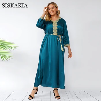 Siskakia Elegantiškas Aukso Nėrinių V Kaklo Indie Folk Maxi Suknelė Moterims Eid Mubarakas 2021 Dubajus turkijos Omanas arabų Drabužius 4XL 5XL