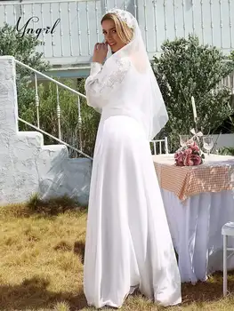 MNGRL Retro Paprasta Vestuvinė Suknelė Baltos spalvos Šifono V-kaklo 3D Gėlių Nuotakos Suknelės ilgomis Rankovėmis Plius Dydis Vestuvių Suknelė