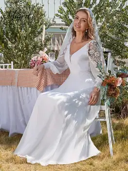 MNGRL Retro Paprasta Vestuvinė Suknelė Baltos spalvos Šifono V-kaklo 3D Gėlių Nuotakos Suknelės ilgomis Rankovėmis Plius Dydis Vestuvių Suknelė