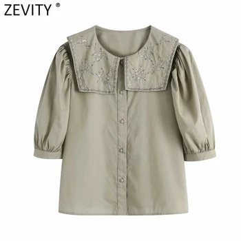 Zevity 2021 Moterų Derliaus Pasukite Žemyn Apykaklės Gėlių Siuvinėjimas Smock Palaidinė Moteriška Klostyti Sluoksniuotos Rankovėmis Marškiniai, Elegantiškos Blusas Viršūnes LS9362