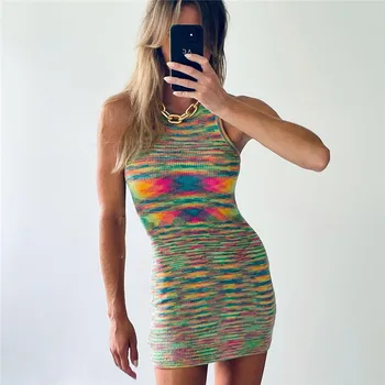 2021 Megzti Printed Dress Bodycon Moterų Apynasrio Kaklo Backless Tvarstis Vasaros Paplūdimio Rankovių Seksualus Šalis Mini Suknelės Y2K