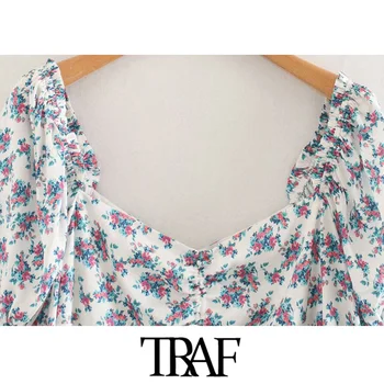 TRAF Moterų Elegantiškos Mados Gėlių Spausdinti Nereguliarus Midi Suknelė Vintage Susieta V Kaklo Sluoksniuotos Rankovėmis Atgal Užtrauktuką Moterų Suknelės