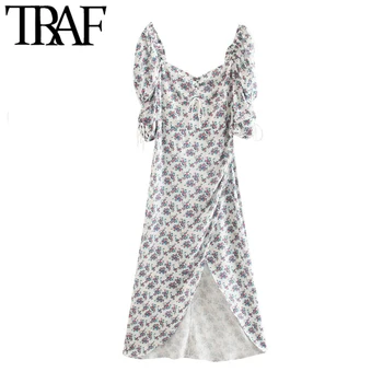 TRAF Moterų Elegantiškos Mados Gėlių Spausdinti Nereguliarus Midi Suknelė Vintage Susieta V Kaklo Sluoksniuotos Rankovėmis Atgal Užtrauktuką Moterų Suknelės