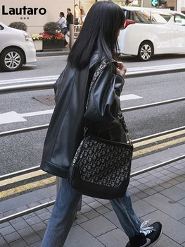 Lautaro Pavasario negabaritinių krovinių odinė striukė moterims ilgomis rankovėmis daug kišenių su užtrauktuku Juodas minkštas dirbtiniais odos striukės moterims